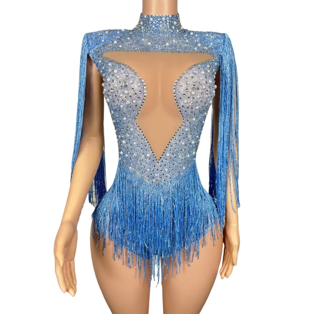 Rhinestone Banding Trim - Body de Franjas com Strass Azul